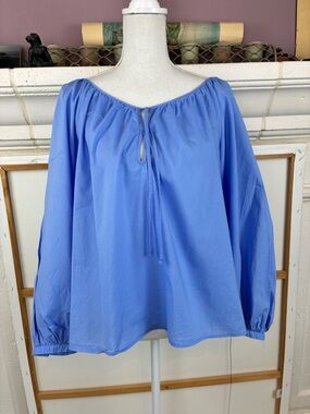 Perfect Blue Cotton Peasant Blouse with Tie Neck goes w/everything!